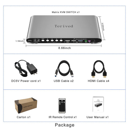 2 Computers 2 HDMI Monitors Matrix Automatic KVM Switch 4K@60Hz, Hotkey Switching, EDID, Digital Display and Aluminum Shell, USB 3.0 Hub Audio Microphone with Cables