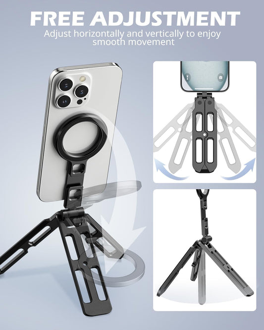 UBeesize 2-in-1 Magnetic Phone Tripod for iPhone–MagSafe Mini Stand & Universal Tripod Mount, Foldable Pocket Aluminum Phone Holder for iPhone 16/15/14/13/12 Series, Desktop & Travel Use