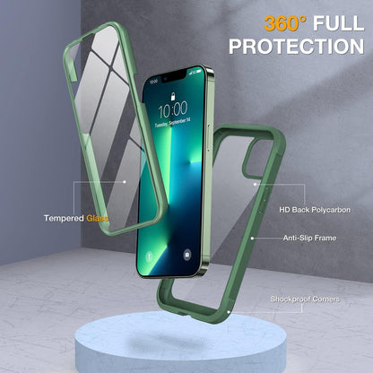 Miracase Glass Case for iPhone 13 Pro Max 6.7 inch, Upgrade Full-Body Clear Phone Bumper Case Cover with Built-in 9H Tempered Glass Screen Protector, Acacia Green