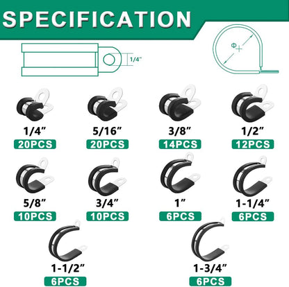 110PCS Cable Clamps Assortment Kit,10 Sizes—1/4" 5/16" 3/8" 1/2" 5/8" 3/4" 1" 1-1/4" 1-1/2" 1-3/4" Stainless Steel Rubber Coated Cushioned Insulated Cable Clamp,Automotive Wire Pipe Clamps