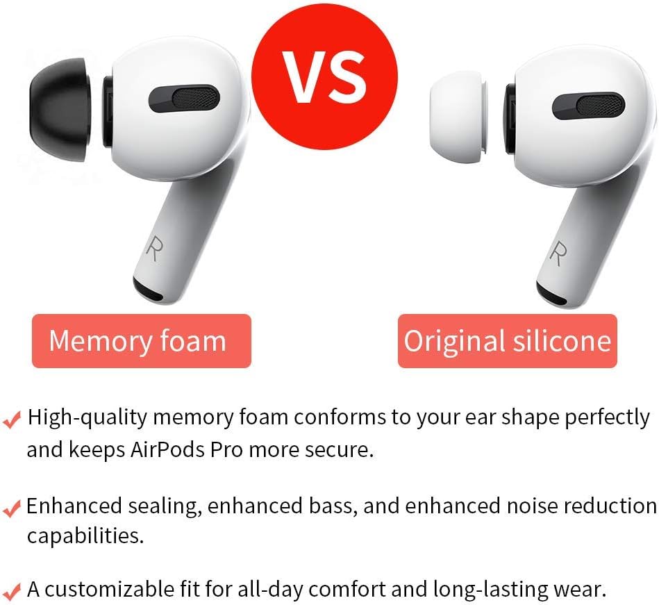 Lanwow Premium Memory Foam Tips for AirPods Pro. No Silicone Eartips Pain. Anti-Slip Eartips. Fit in The Charging Case, 3 Pairs (S/M/L, Black)