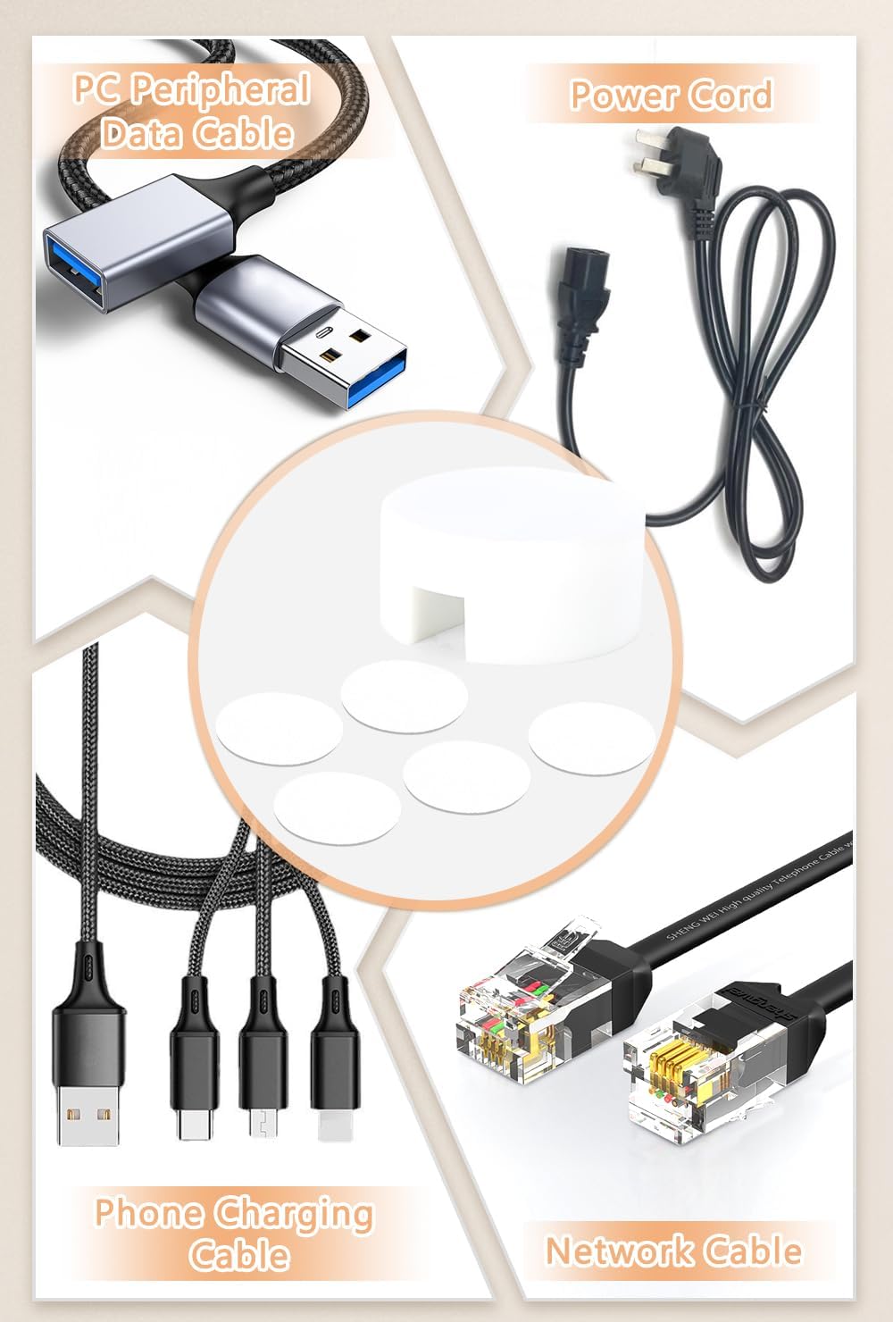 Maveek 5 Sets Magnetic Cable Management Clips with Discs, Adhesive Cable Holder Electrical Wire Clips Cord Organizer for Desktop Wall Kitchen USB LAN Type-c (White)