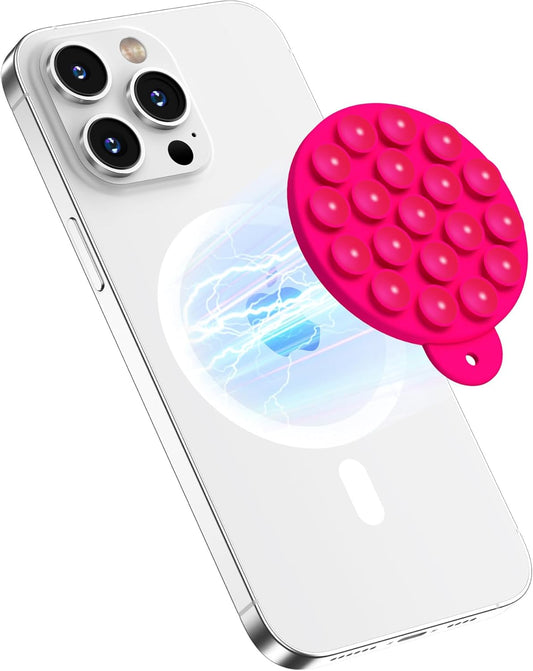Magnetic Suction Cup Phone Mount for MagSafe Case, Silicone Hands-Free Grip Holder for iPhone and Android, Mirror Shower Phone Stand for Makeup FaceTime Gym Kitchen Bathroom, Neon Pink