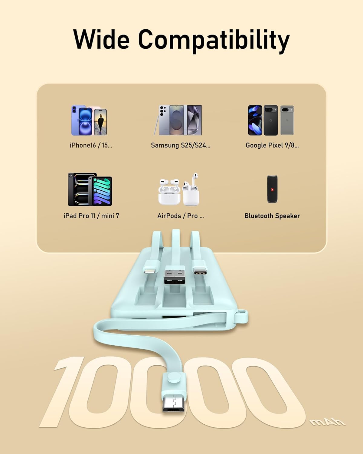 VEEKTOMX Portable Charger with Built-in Cables 10000mAh Power Bank for iPhone Slim Fast Charge USB C Battery Pack Travel Essentials Powerbank Compatible with iPhone, Samsung, Android, etc