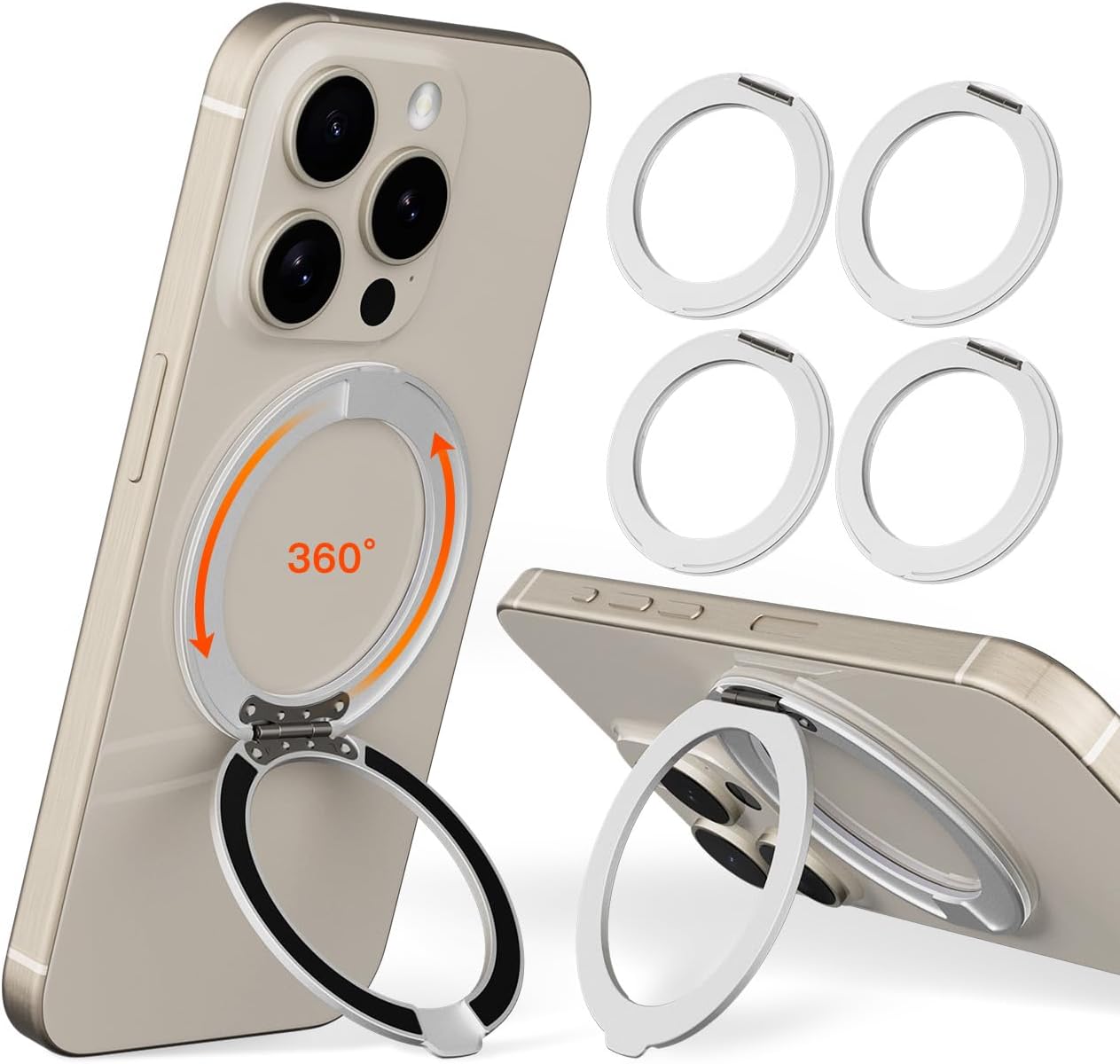 COOLQO 4Pcs 360 Spin Cell Grip Ring Phone Stand [Upgrade Gear Hinge Stress Anxiety Relief] Magnetic Holders for Your car Accessories Desk Mount Compatible with iPhone All Smartphones, Silver