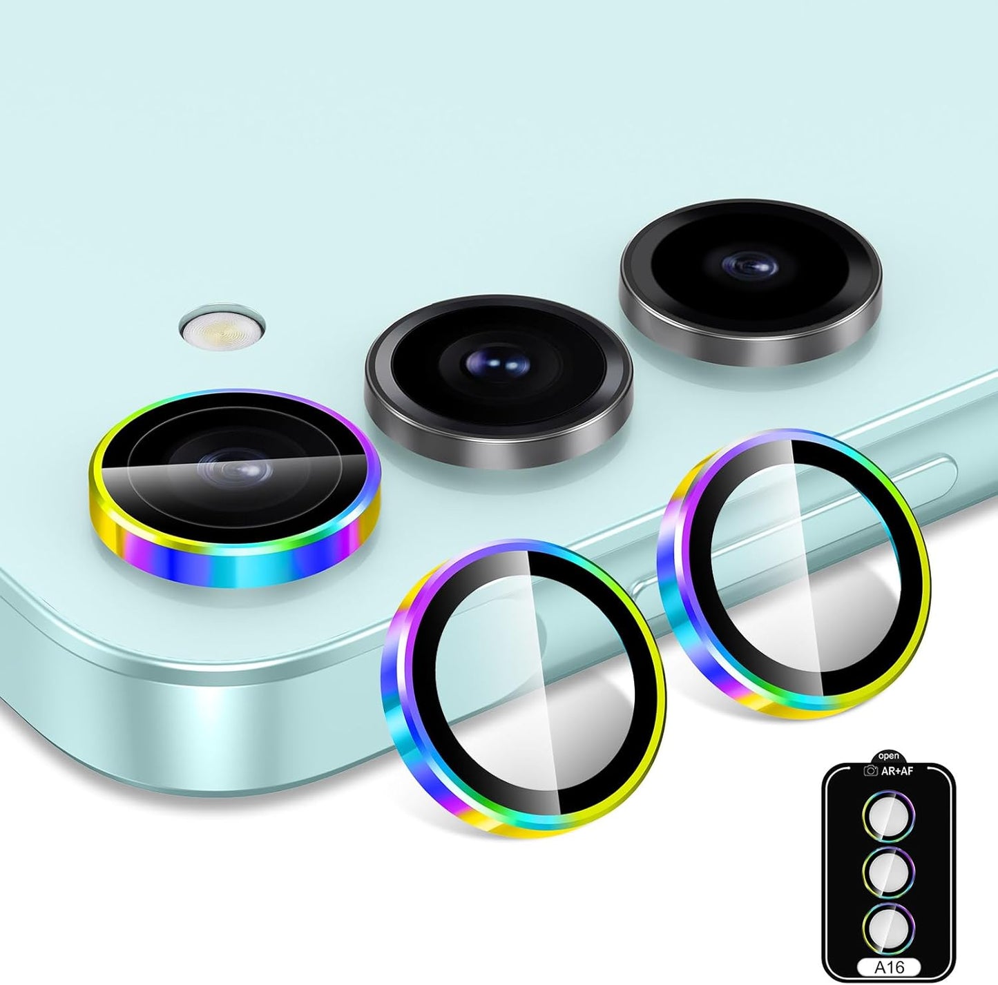 for Samsung Galaxy A16 Camera Lens Protector, Individual Metal Ring Tempered Glass Lens Cover, [Strong Adsorption] Scratch Resistant Ultra-Thin HD Clear Lens Cover, 1 Set-Colorful Ring