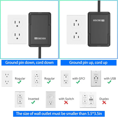 6FT Ultra Flat Plug Dual Extension Cord with 6 Outlets, Ultra-Thin Outlet Cover Power Bar, Outlet Concealer Universal Size Flat Plug Power Strip, Child & Pet Safe, 1625W, Black