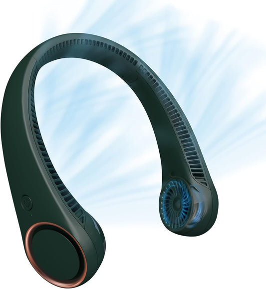 CIVPOWER Neck Fan: Portable Personal Neck Cooling Rechargeable Bladeless Fan - Hands Free 3 Speed 4000 mAh Battery USB Operated Wearable Headphone Design - for Men Women Outdoor Indoor (Dark Green)