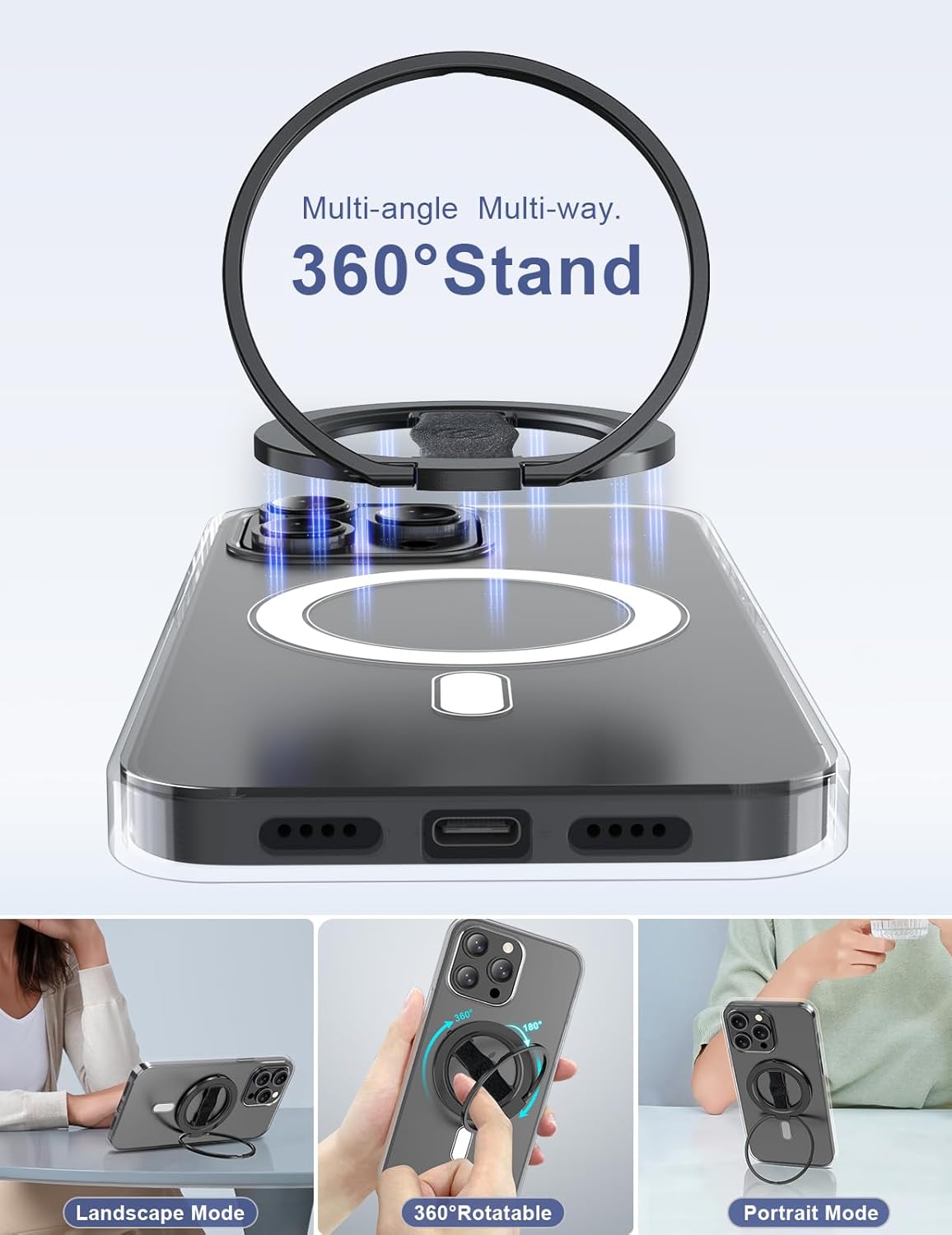 EWA MagOne 3rd Gen [Compatible with MagSafe] Phone Grip Stand with Finger Strap, Removable Magnetic Ring Holder Kickstand Loop for iPhone 16,15, 14, 13, 12 Series-(Black)