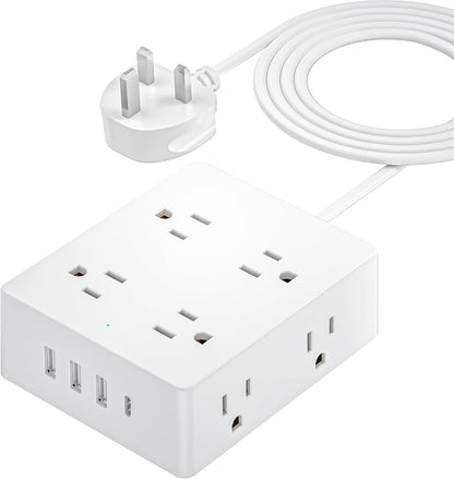 UK Travel Plug Adapter, Olcorife US to UK Ireland Type G Plug Adapter, International Power Strip with 8 Outlets and 4 USB(1 USB-C), 5 FT Cord for UK Ireland Dubai Hongkong