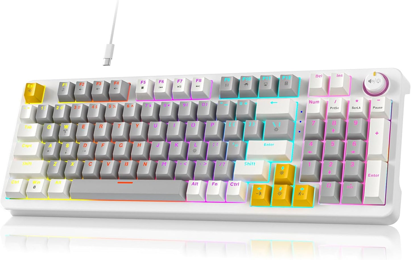 AK96 Smart Mechanical Keyboard Gaming, 96 Keys Full Size with LED Colorful Backlit, Clicky Creamy Sounding, USB Wired Computer Keyboard with Volume Knob for PC, Mac, Windows(Grey)