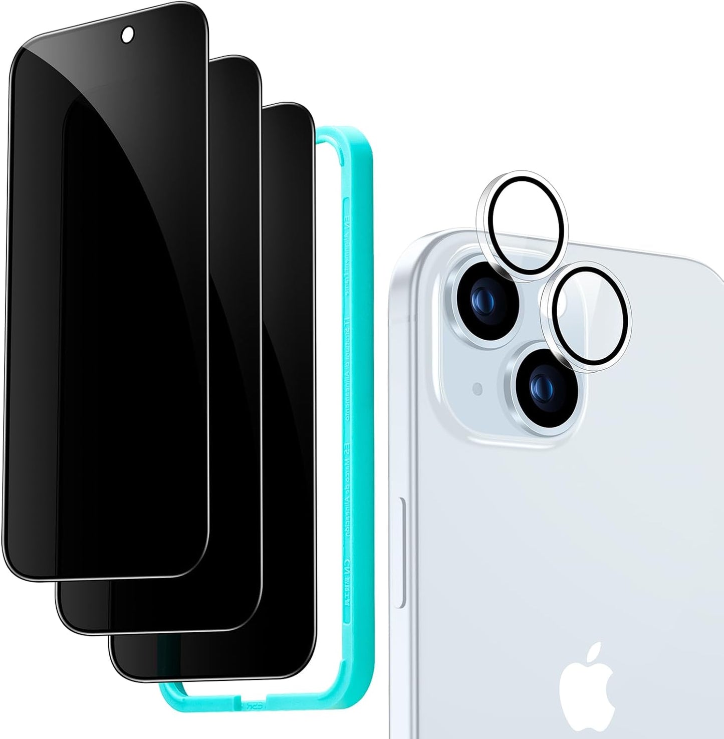 ESR 3+1 Pack for iPhone 15 Plus Privacy Screen Protector Set, Anti-spy Tempered-Glass Privacy Screen Protector, Micro-curved Edges, Case Friendly, 3-Pack with 1 Set of Individual Camera Lens Protector