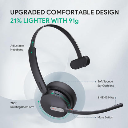 Yealink BH70 with Stand Wireless Bluetooth Headset with Microphone for Work, up to 35h Talking Battery Life, 3 Noise Cancellation Mics, Teams Certified, ≤90min Fast Charging, NO Power Adapter Needed