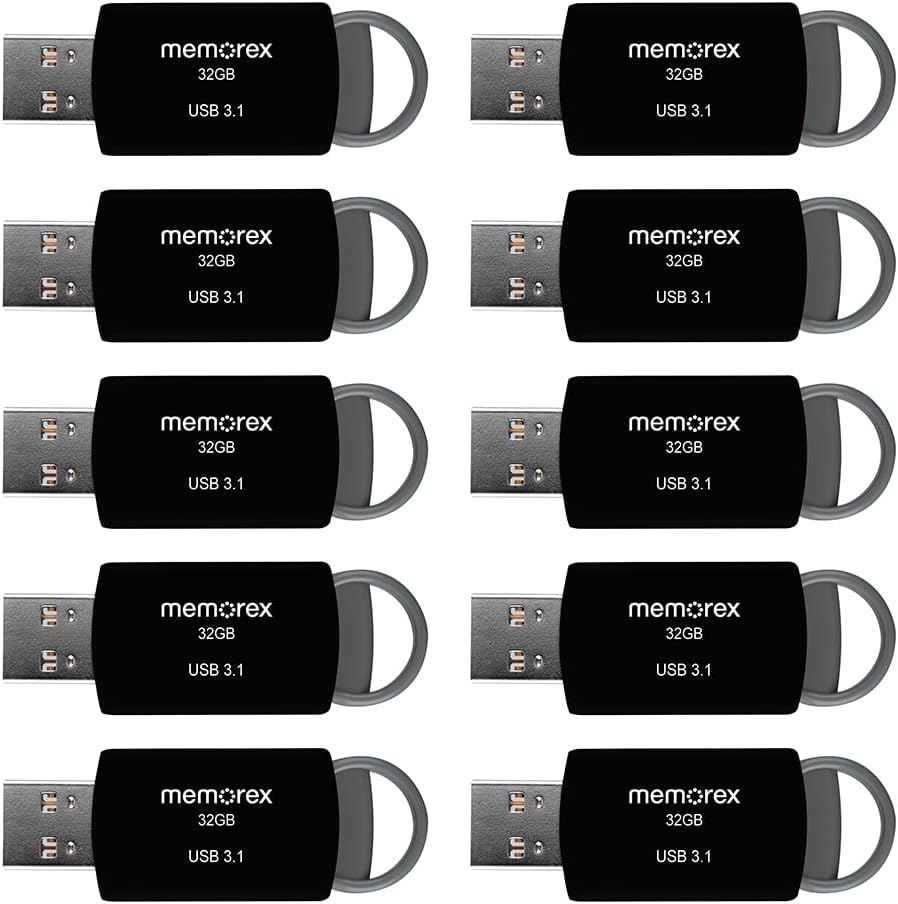 32GB Memorex USB 3.1 Flash Drive – Transfer Speeds Up to 10x Faster Than USB 2.0, Latest USB 3.1 Gen 1 Technology, Lightweight Design, for Daily File Management, Type-A Connector, 10-Pack
