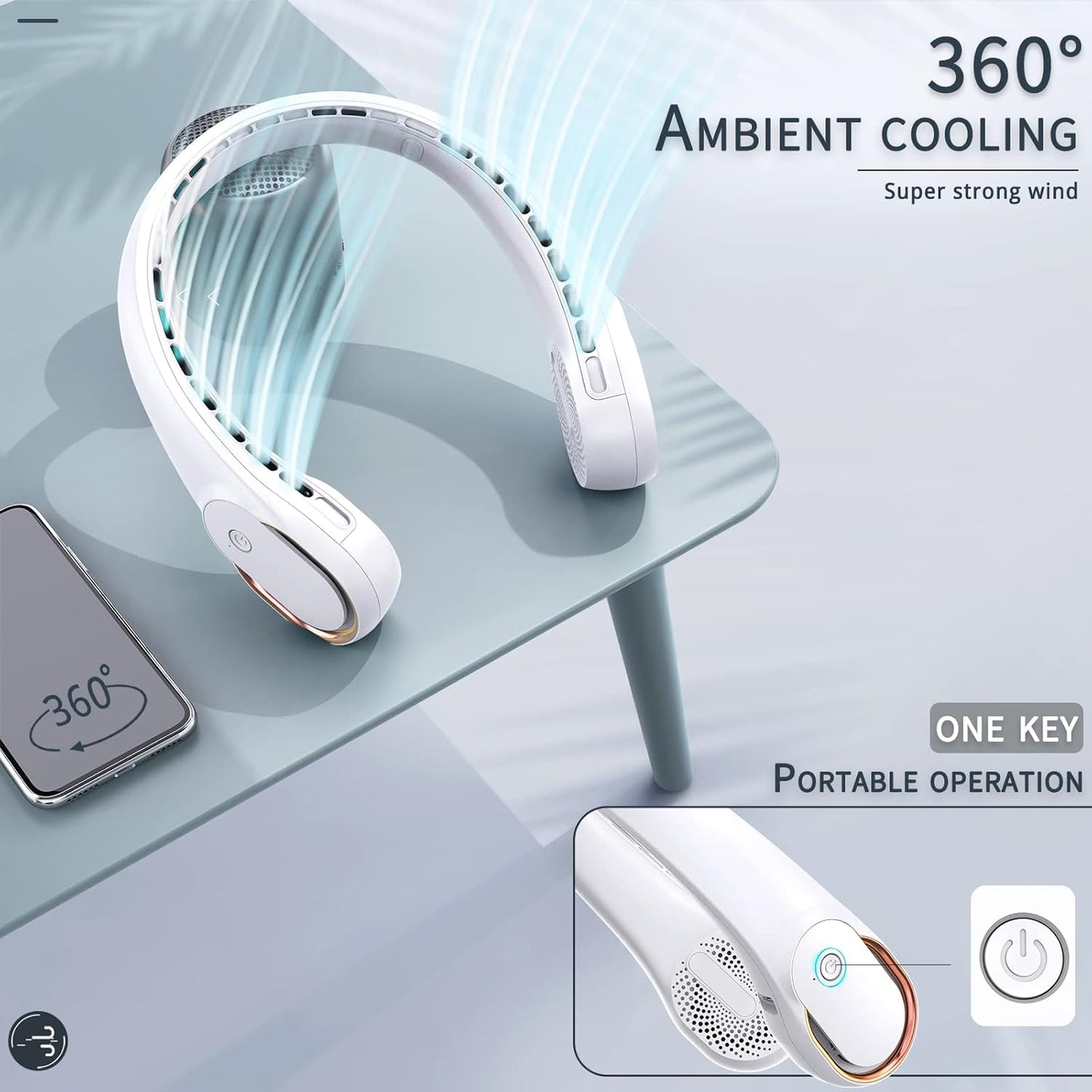 Portable Neck Fan, Bladeless Neck Fan, USB Rechargeable Personal Fan, 4000 mAh Battery Operated Fan, 3 Speeds Adjustable,Faster Cooling, Ultra Quiet, Suitable for Home, Office, Sports