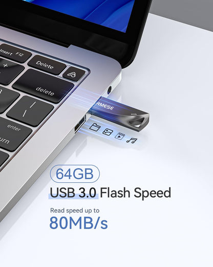 64GB USB 3.0 Flash Drive, Waterproof Metal USB Memory Stick, Slim Thumb Drive Portable Pen Drive with Keychain Hole Stylish Jump Drive for PC Computer Car - Gray