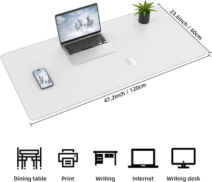 Leather Desk Protector, 47in*23.7in Large Mat with Natural Cork & PU Leather, Mouse Pad, Non-Slip Office Mat, Waterproof Writing Pad for Office and Home (Ivory White)