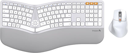 ProtoArc Ergonomic Wireless Keyboard Mouse, EKM01 Plus Full Size Ergo Bluetooth Keyboard Mouse Combo, Split Design, Wrist Rest, Multi-Device, Rechargeable, for Windows/Mac OS - White and Silver