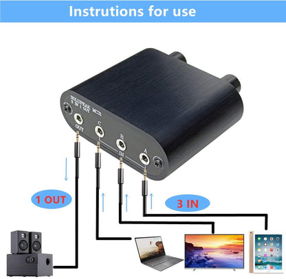 3.5mm Audio Switch with line Volume Controller, 3 in 1 Out 1/8" aux switcher Splitter selector Box, Mini Inline Headphone attenuator Volume Control knob -MC31