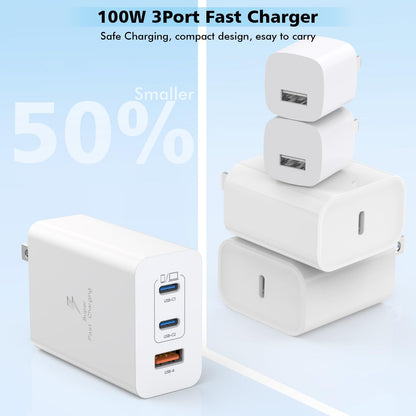100W USB C Charger, 2Pack 140W USB C to C Woven Cable 6FT Braided Cord 100W Type C MacBook Pro Charger Block 6Foot Super Fast Phone Charging 3 Port PD & AC Charge for MacBook Pro/iPhone 16/15/iPad Pro