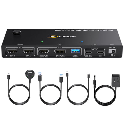 USB C HDMI DP KVM Switch for 1 Desktop+1 Laptop, Dual Monitor KVM Switch 4K@60Hz Support PD with USB C Cable, Wired Controller and Power Adapter