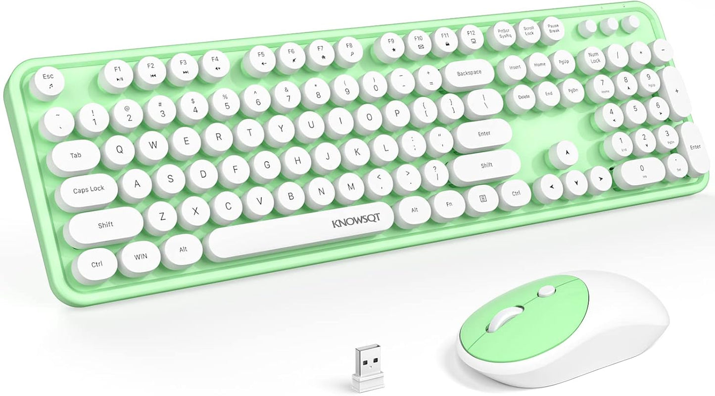 KNOWSQT Wireless Keyboard and Mouse Combo - White-Green Full-Sized 2.4 GHz 104 Keys Typewriter Cute Keyboard, Round Keycap and Optical Mouse for Windows, Computer, PC, Laptop, Desktop