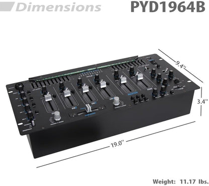 Pyle 6 Channel Mixer DJ Controller with Bluetooth, Professional Sound Digital Mixing System with LED Illumination, Slider Controls, Speed Control, 10 Band Equalizer 5U Rack Mount System - PYD1964B.5
