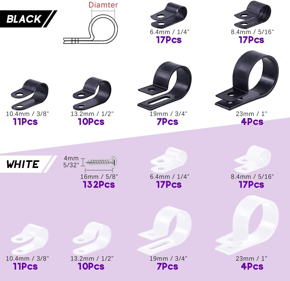 Swpeet 135 Pack 6 Sizes White+Black Nylon Plastic R-Type Cable Clips Clamp Assortment Kit, 3/16" 1/4" 3/8" 1/2" 3/4" 1" Nylon Screw Mounting Cord Fastener Clips with 135Pcs Screws for Wire Management