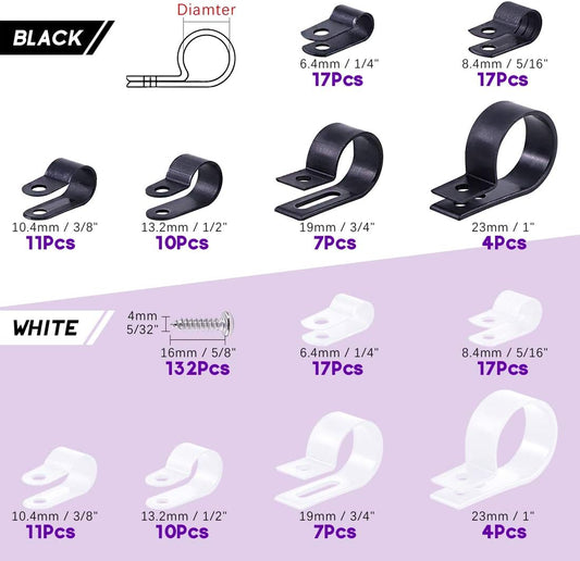 Swpeet 135 Pack 6 Sizes White+Black Nylon Plastic R-Type Cable Clips Clamp Assortment Kit, 3/16" 1/4" 3/8" 1/2" 3/4" 1" Nylon Screw Mounting Cord Fastener Clips with 135Pcs Screws for Wire Management