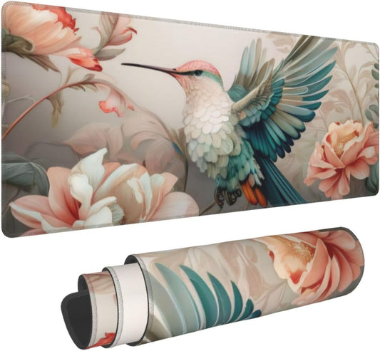 Gaming Mouse Pad, Large Non-Slip Rubber Base Mousepad, Keyboard Mouse Mat, Desk Pad with Stitched Edges, 31.5x11.8inch, Art Bird Flower