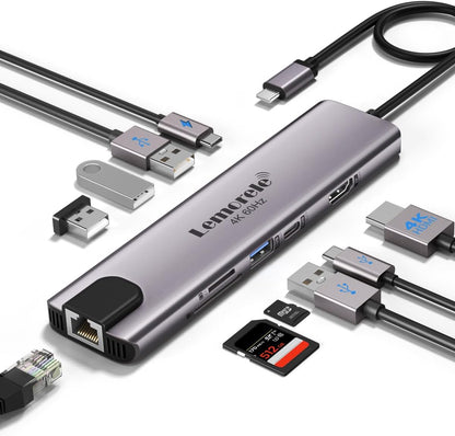 Lemorele USB C Hub Multiport Adapter 10-in-1 for MacBook Pro with HDMI 4K 60Hz, Gigabit Ethernet, 100W Power Delivery, 2 USB 3.0 Ports, SD/TF Card Reader, for HP/Dell/Lenovo Laptops