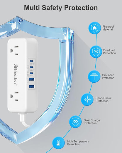 5 USB(3 USB C) Travel Power Strip- 5Ft Short Extension Cord with 5 USB Charging Station 24W/4.8A and 4 Wide Outlets, Compact Flat Plug Small Extension Cord for Travel Cruise College Dorm Office White