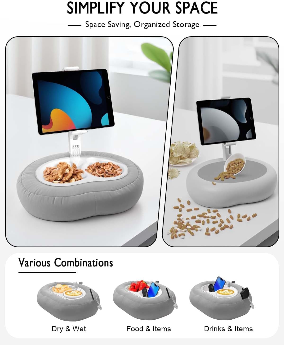 Tablet Pillow Stand, Compatible with 5"-12.9" Kindle, iPad, Phone/Tablet, Google, Samsung, 360° Rotating Phone Holder for Bed, Soft Plush Fabric, Detachable Bowl, Reading and Relaxation on Bed, Gray