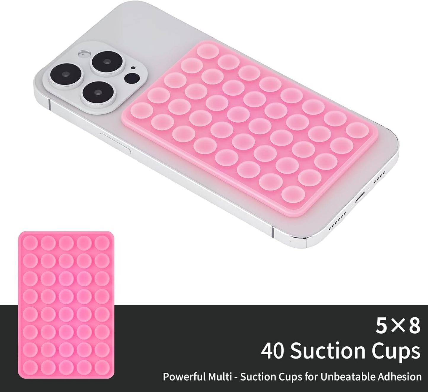 2 Pack Silicone Double-Sided Suction Grip – 40 Cups per Side, Strong Hold for iPhone, Galaxy, Pixel, Android – Hands-Free for Selfies & Videos (Pink)