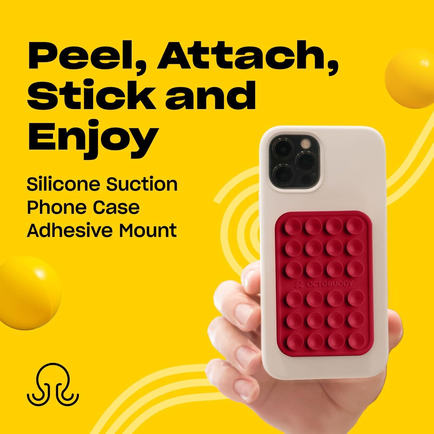 Classic - Silicone Suction Phone Case Adhesive Mount - Hands-Free, Strong Grip Holder for Selfies & Videos - iPhone & Android Compatible - 2.25″ x 3.25″, RED