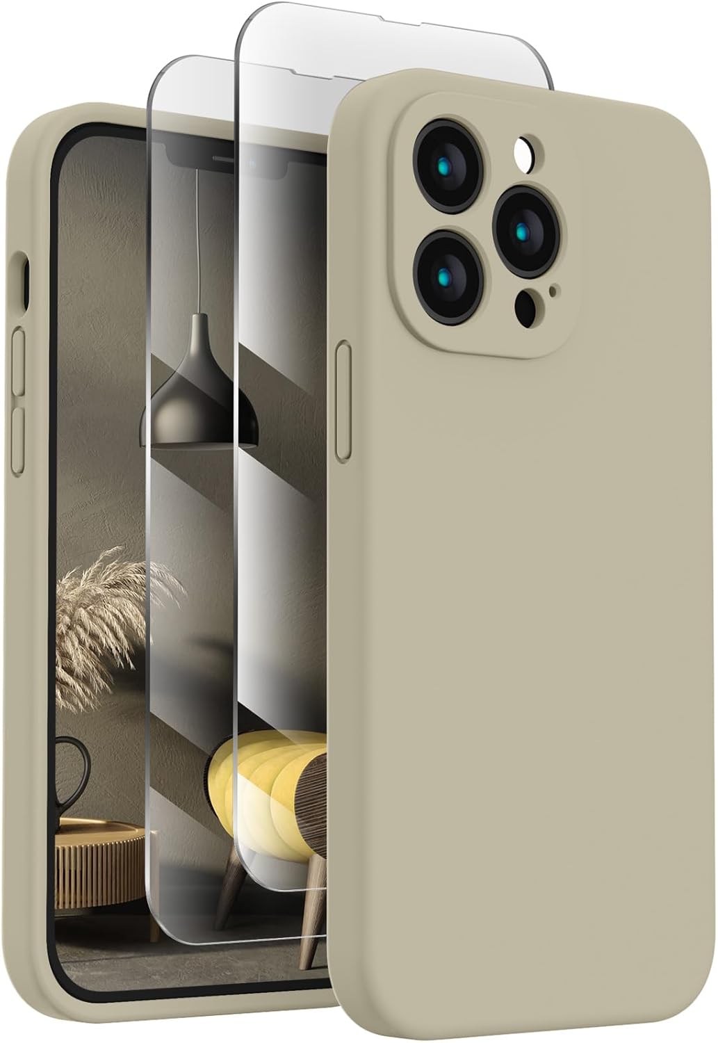 FireNova Designed for iPhone 13 Pro Max Case, Silicone [Camera Protection] Phone Case with [2 Screen Protectors], Soft Anti-Scratch Microfiber Lining Inside, 6.7 inch, Khaki