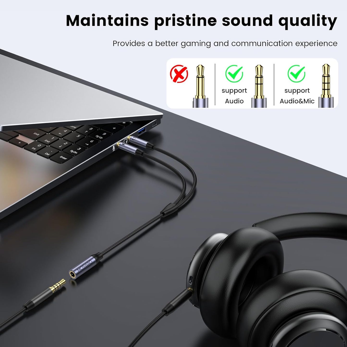 MOSWAG Headphone Splitter for Computer, 3.5mm Female to Dual 3.5mm Male Cable for PC Gaming, Headphone Mic Splitter for PC 24K Gold-Plated with Noise Cancellation for Laptop/Speakers/Mic【11inch/28cm】