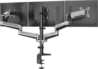 HUANUO Triple Monitor Stand - Full Motion Articulating Monitor Mount Fit Three 17 to 32 inch Flat/Curved LCD Computer Screens with Clamp, Grommet Kit, Silver