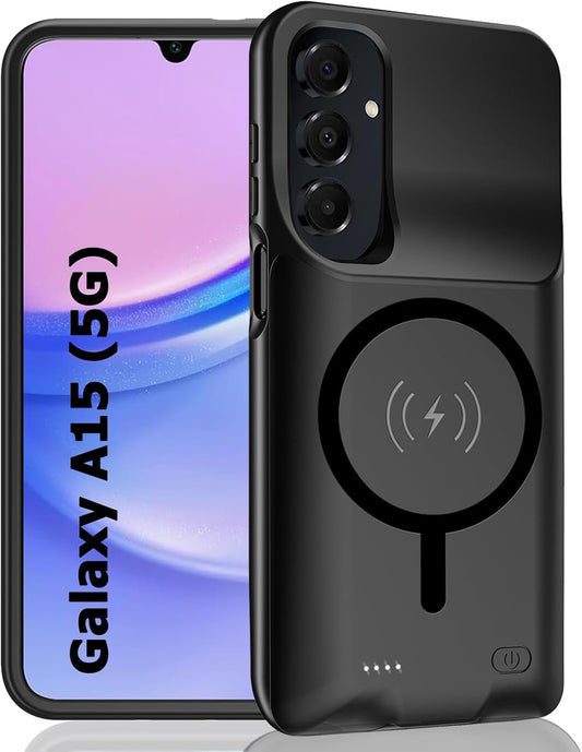 Battery Case for Galaxy A15, Enhanced 10000mAh Portable Protective Wireless Charging Case Support Carplay Compatible with Galaxy A15 (6.5 inch) Rechargeable Extended Battery Charger Cover - Black
