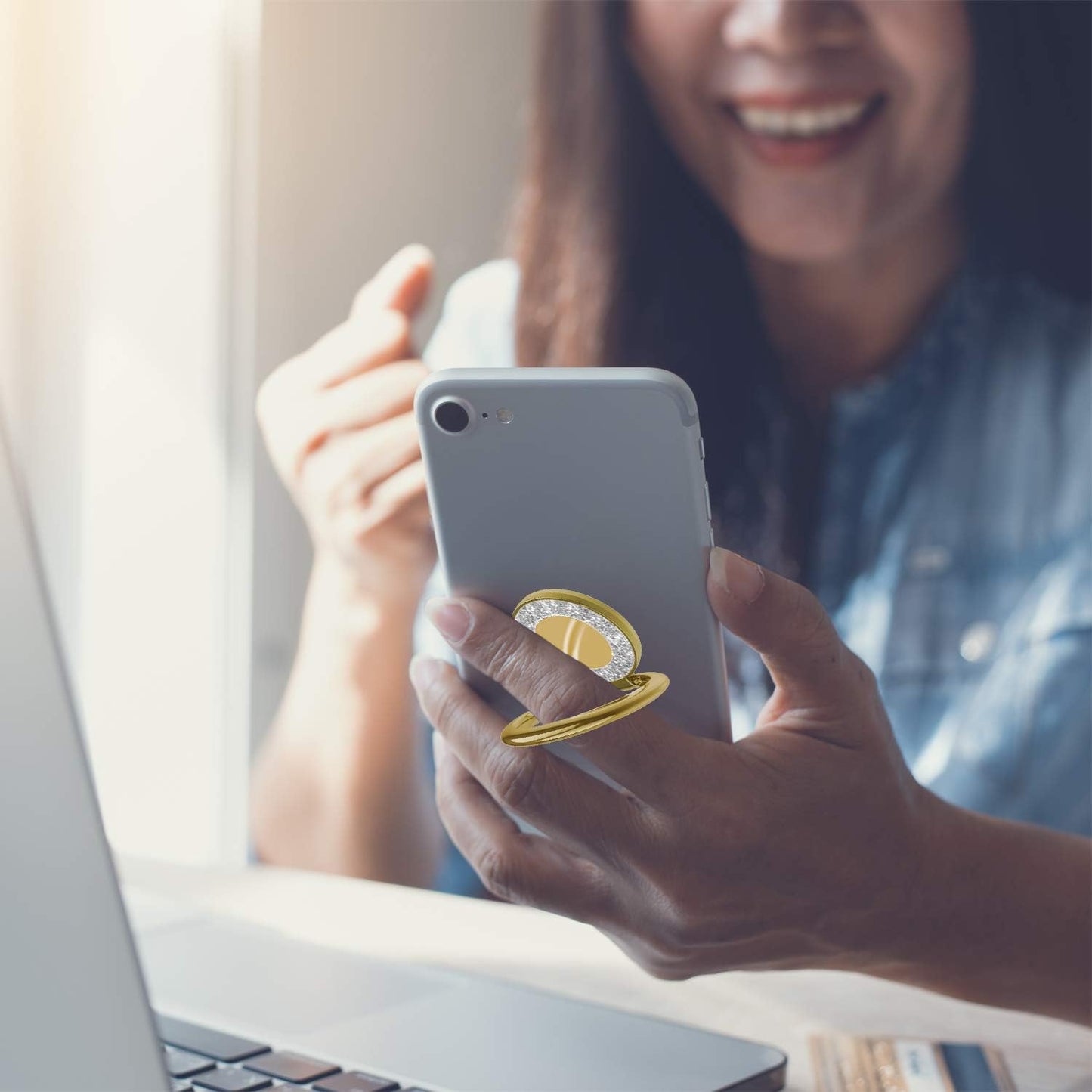 Cell Phone Ring Holder Stand, Cell Phone Grip Holder, Adhesive Phone Grip for Phones and Cases. (Glitter Gold)