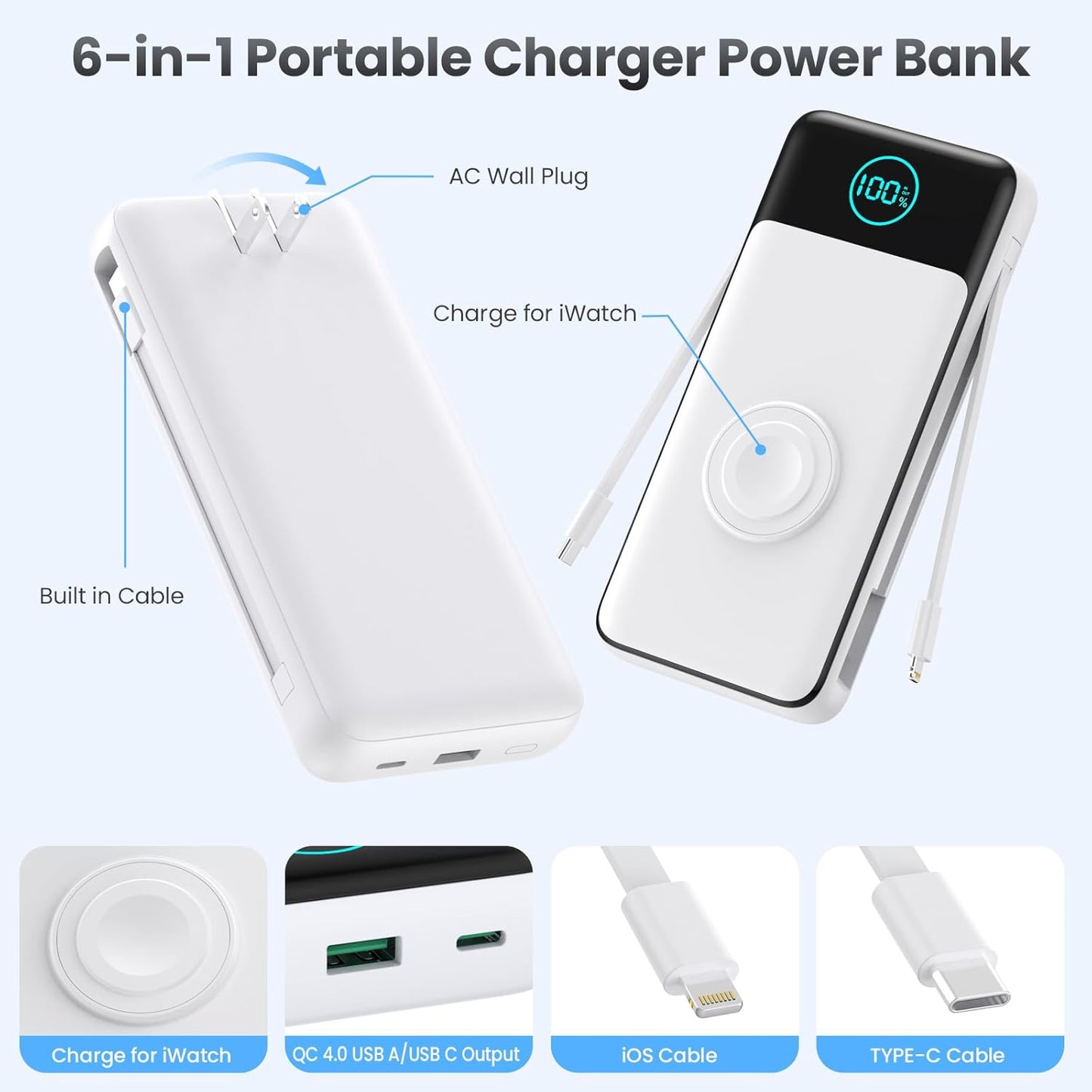 Portable Charger 26800mah for iPhone with Built-in Cables & AC Wall Plug,6-in-1 USB C Power Bank with iWatch Charger,25W PD Fast Charging Battery Pack for iPhone 16/15/14/13/12,Android,Apple Watch etc