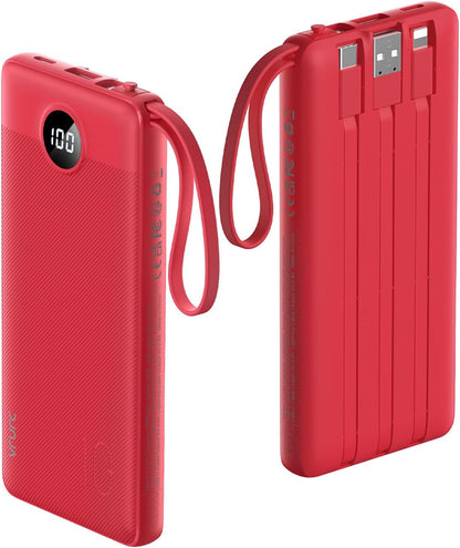 VRURC Portable Charger, 10000mAh Power Bank Built in Cables for iPhone, Slim Compact Travel Essentail, 5 Outputs 2 Inputs USB C Battery Pack for iPhone 16 15 14 13, Samsung, Android etc-Red