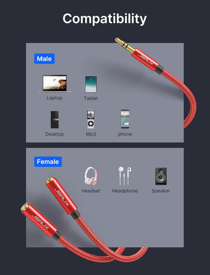 JSAUX Headphone Splitter [2pack] Audio Splitter 3.5mm Male TRS to 2 Dual 3.5mm Female Adapter Nylon-Braided [Red]