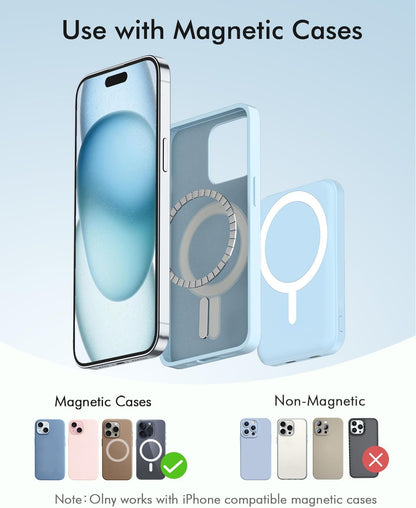 podoru for Magsafe Battery Pack, 5000mAh Magnetic Power Bank with Type-C Cable 20W PD Fast Charging Lighting Input Wireless Portable Charger for iPhone 16/15/14/13/12/ All Series-Sierra Blue