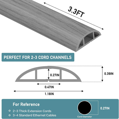 Floor Cord Cover Self Adhesive Cord Hider Floor Extension Cord Covers for Floor Power Cord Protector Cable Management Prevent Cable Trips Cable Cavity 0.47" W x 0.27" H (Light Grey Wood, 3.3Ft)