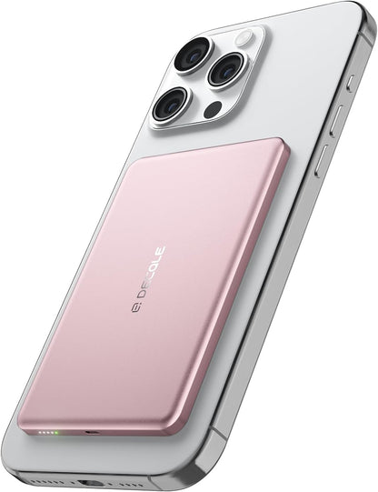 “Air” Power Bank for MagSafe 5000mAh, Ultra Slim Magnetic Wireless Portable Battery Charger Case with USB-C Cable, Compatible with iPhone 17/16/15/14/13/12 Series Only (Pink)