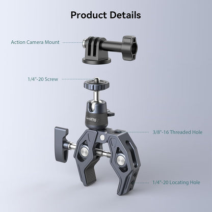 SMALLRIG Camera Mount Clamp, Gopro Motorcycle and Bike Handlebar Mount Kit, Super Clamp for DSLR, Action Camera, Gopro, Insta360, LED Light, Monitor, Max Load 3.5KG
