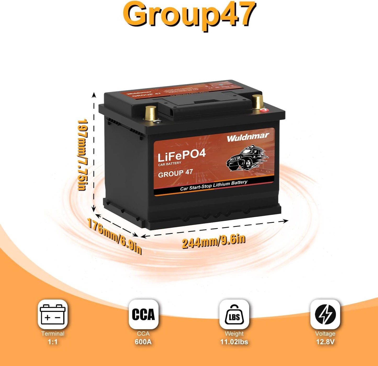 12V BCI Group 47 LiFePO4 Lithium Car Battery 600CCA Lightweight Automotive Start-Stop Battery Size H5