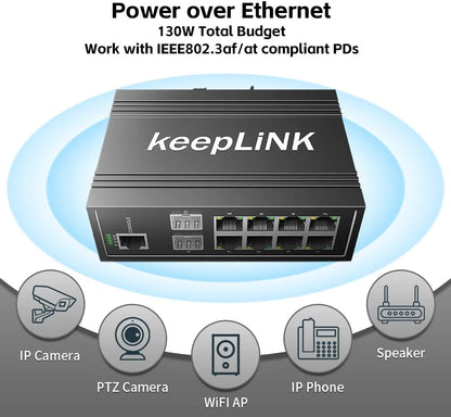 10-Port Industrial Gigabit PoE Switch, Managed with 8 PoE+@130W, 2 SFP Slots, DIN Rail Network Switch, IP40, Operating Temperature Range of -30° – 75°C (-22° – 167°F), Lifetime Protection