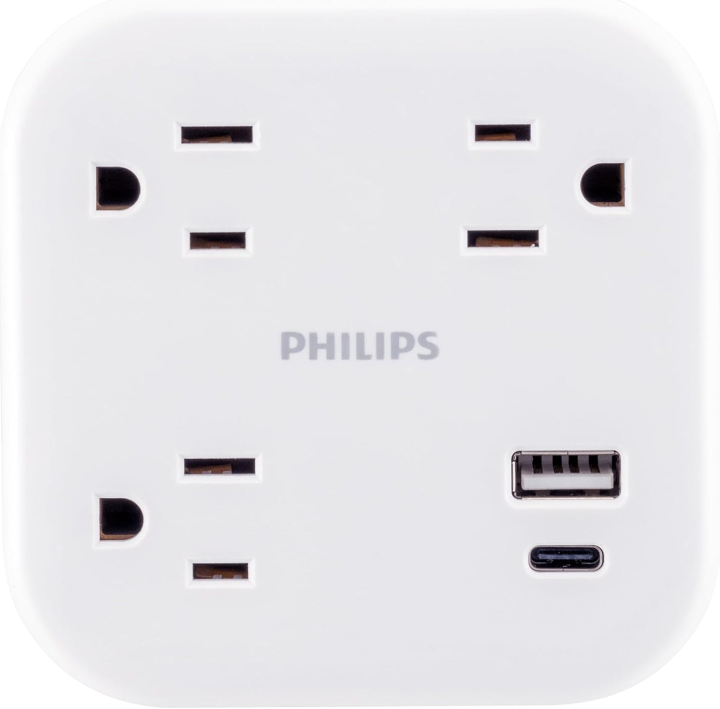 Philips EZFit 3-Outlet Surge Outlet Extender with USB, 1 USB-A, 1 USB-C, Adapter Spaced, Charging Station, 12W, 980 Joules, White - SPP9393W/37